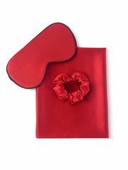 Red 19Momme mulberry silk beauty sleep set with envelope pillowcase, eye mask, and scrunchie.