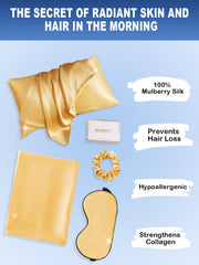 Golden 19Momme mulberry silk 3-piece beauty sleep set: envelope pillowcase, eye mask, and scrunchie.