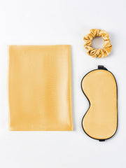 Golden mulberry silk 3-piece beauty sleep set: envelope pillowcase, eye mask, and scrunchie.