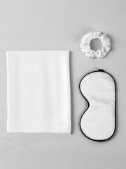 White 19 Momme mulberry silk beauty sleep set: pillowcase with hidden zipper, eye mask, and scrunchie.