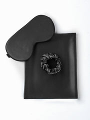 Black 19Momme silk beauty sleep set with hidden zipper pillowcase, eye mask, and scrunchie.