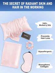 Pink 19 Momme mulberry silk beauty sleep set with pillowcase, eye mask, and scrunchie.