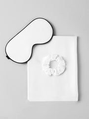 White 19Momme mulberry silk 3-piece beauty sleep set with hidden zipper pillowcase, eye mask, and scrunchie.