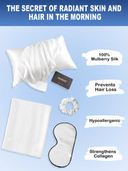 White 19 Momme mulberry silk beauty sleep set with pillowcase, eye mask, scrunchie, and hair towel.