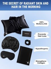 Black 19 Momme mulberry silk beauty sleep set with envelope pillowcase, bonnet, eye mask, and scrunchie.