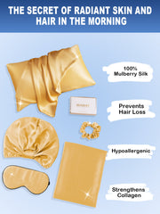 Gold 19 Momme Mulberry silk beauty sleep set with envelope pillowcase, bonnet, eye mask, and scrunchie.
