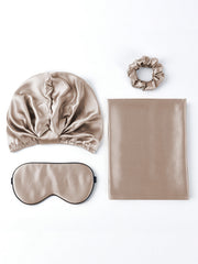 Marberry silk beauty sleep set: champagne silk bonnet, eye mask, scrunchie, and hidden zipper pillowcase.