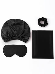 Black 19Momme silk beauty sleep set with bonnet, eye mask, scrunchie, and hidden zipper pillowcase.
