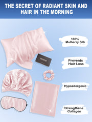 Pink 19 Momme mulberry silk beauty sleep set with pillowcase, bonnet, eye mask, and scrunchie.