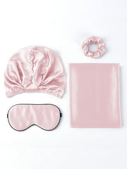 Pink 19Momme mulberry silk beauty sleep set: bonnet, eye mask, scrunchie, and hidden zipper pillowcase.