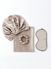 Khaki 19Momme mulberry silk beauty sleep set: bonnet, hidden zipper pillowcase, eye mask, and scrunchie.