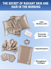 Champagne 19 Momme mulberry silk beauty sleep set with pillowcase, bonnet, eye mask, and scrunchie.