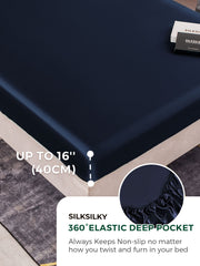 Navy blue 19 Momme mulberry silk fitted sheet with 360° elastic deep pocket, fits mattresses up to 16".