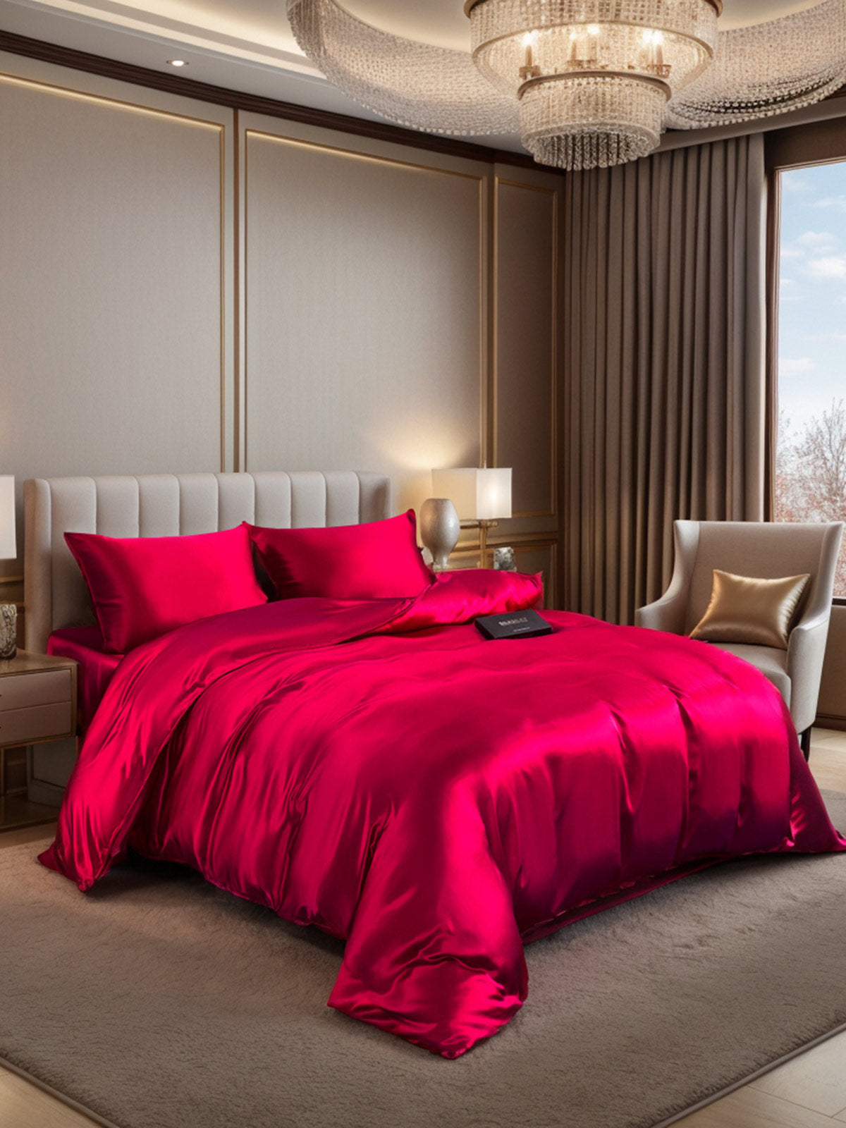 Wine red mulberry silk duvet cover set with fitted sheet and two pillowcases on a bed.