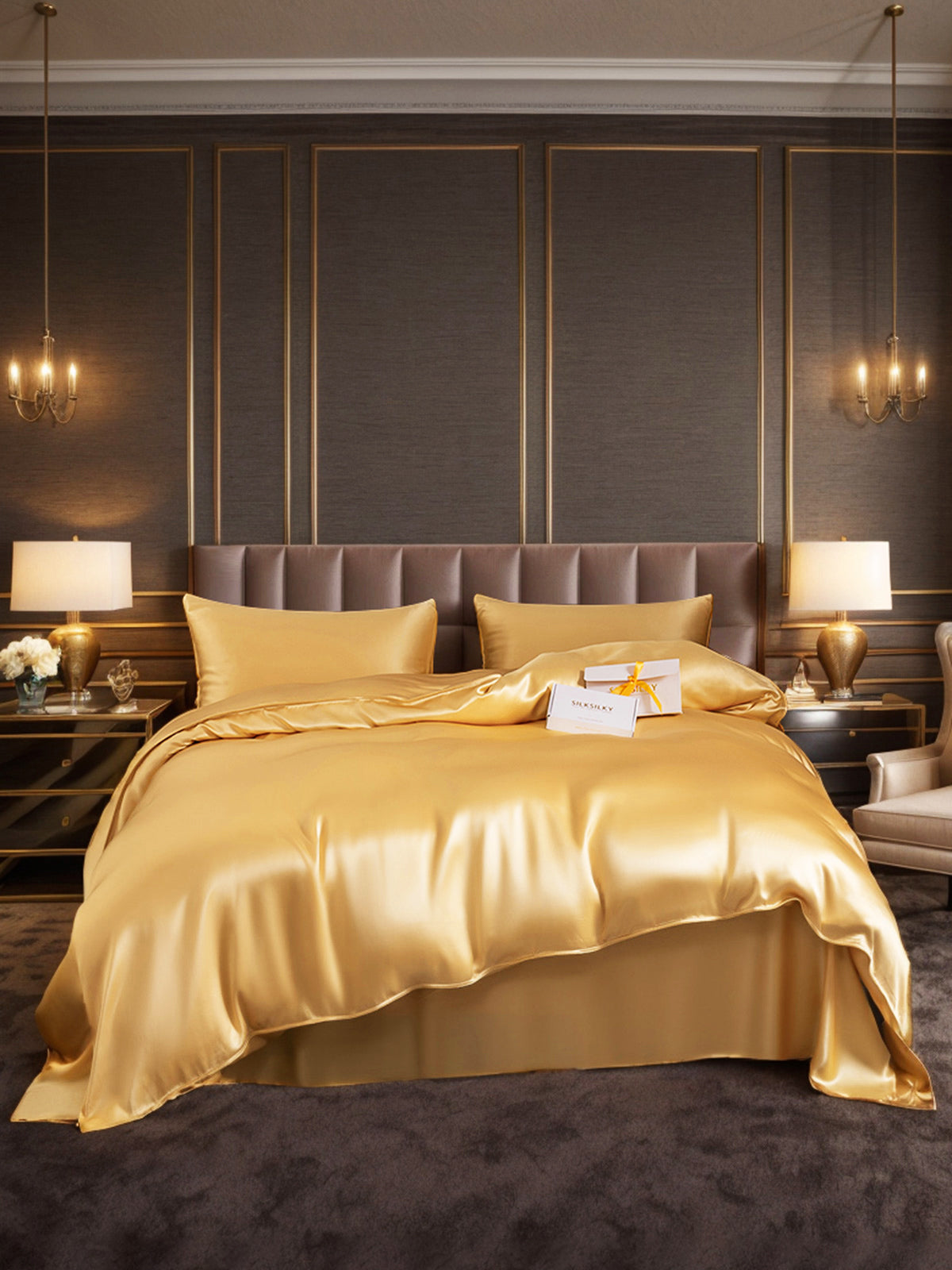 Champagne 19Momme mulberry silk 4-piece duvet cover set with flat sheet & pillowcases on a luxurious bed.