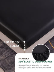Black 19 Momme Mulberry Silk seamless fitted sheet with 360° elastic deep pocket, fits mattresses up to 16".