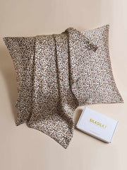 19Momme printed mulberry silk pillowcase with leopard pattern, shown with its white gift box.