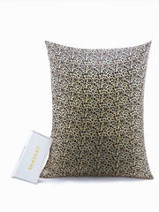 19Momme mulberry silk pillowcase with leopard print design, shown with white packaging.