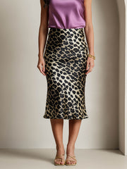Women's 19 Momme pure mulberry silk leopard print stretch straight long skirt.