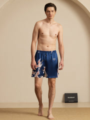 Men's 19Momme pure mulberry silk sleep shorts in navy with a crane print and elastic waist.