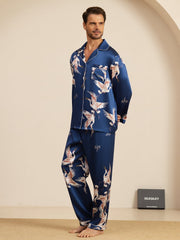 Men's mulberry silk pajamas: navy blue, crane print, long sleeve, notch collar.