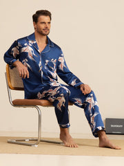 Men's navy 19Momme mulberry silk pajama set with white crane print and white piping, notch collar.