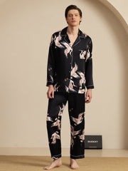 Men's black 19Momme pure mulberry silk pajamas with crane print, long sleeves, and notch collar.