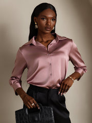 Women's mulberry silk 3/4 sleeve lapel collar shirt in dusty rose, button-up design.
