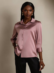 Women's mulberry silk 3/4 sleeve lapel collar shirt in dusty rose with button-up design.