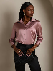 Women's 19Momme mulberry silk 3/4 sleeve lapel collar shirt in dusty rose with button-up design.