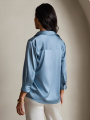 Women's light blue 19 Momme mulberry silk 3/4 sleeve lapel collar shirt with button-up design.