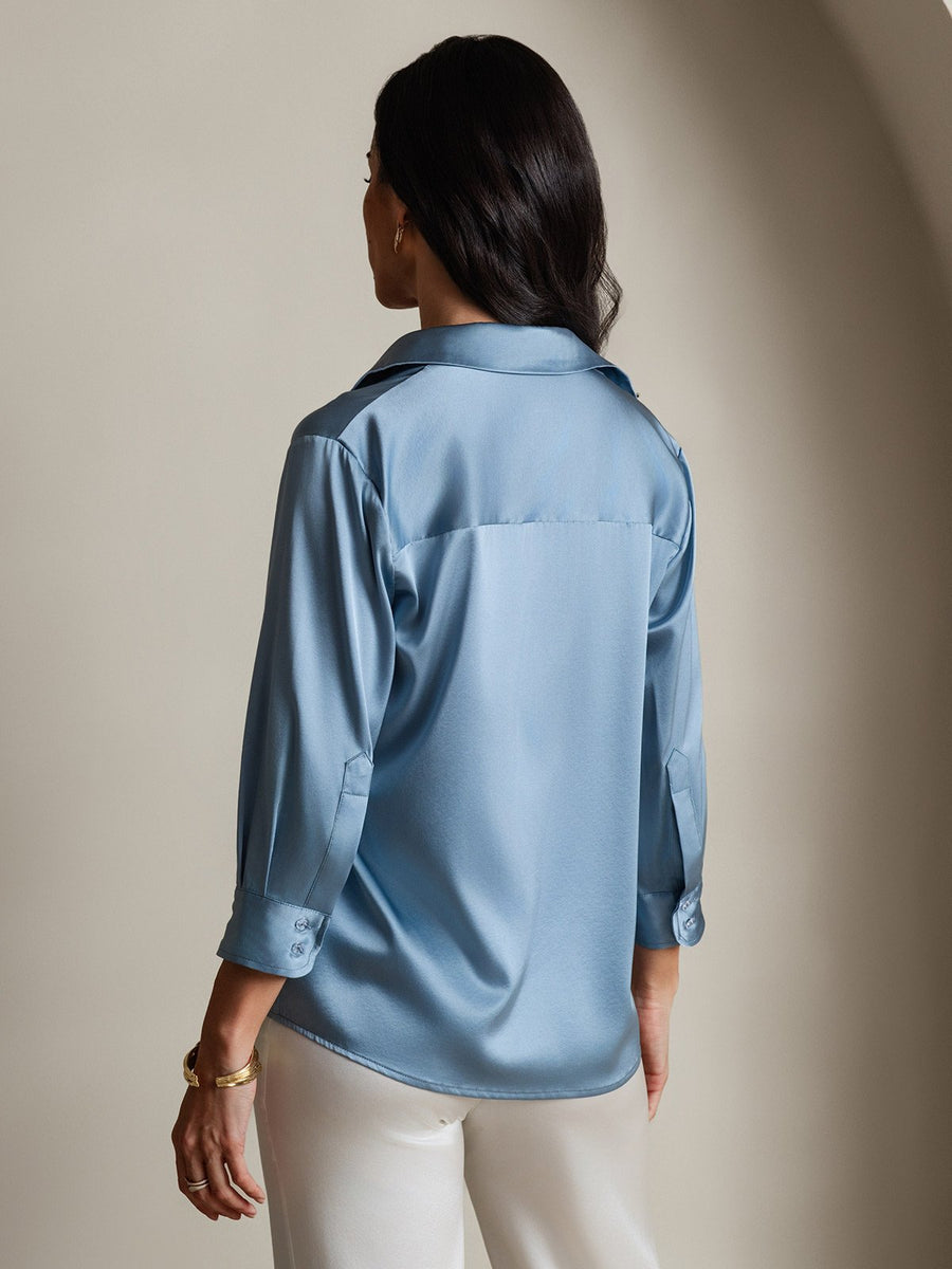Women's light blue 19 Momme mulberry silk 3/4 sleeve lapel collar shirt with button-up design.