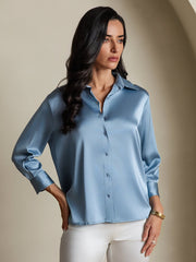 Women's light blue 19Momme mulberry silk 3/4 sleeve lapel collar button-up shirt.