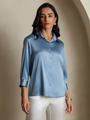 Women's blue mulberry silk 3/4 sleeve lapel collar button-up shirt.