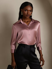 Women's pale mauve 19 Momme mulberry silk 3/4 sleeve lapel collar button-up shirt.
