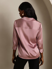 Women's 19Momme mulberry silk 3/4 sleeve lapel collar shirt in dusty rose with button-up design.