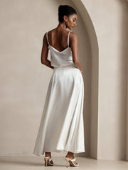 Women's white 19Momme mulberry silk A-line maxi skirt and matching camisole top.