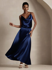 Dark blue 19Momme mulberry silk A-line maxi skirt with lining, paired with a matching silk camisole.