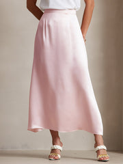 Light pink 19 Momme mulberry silk A-line maxi skirt with zipper design.