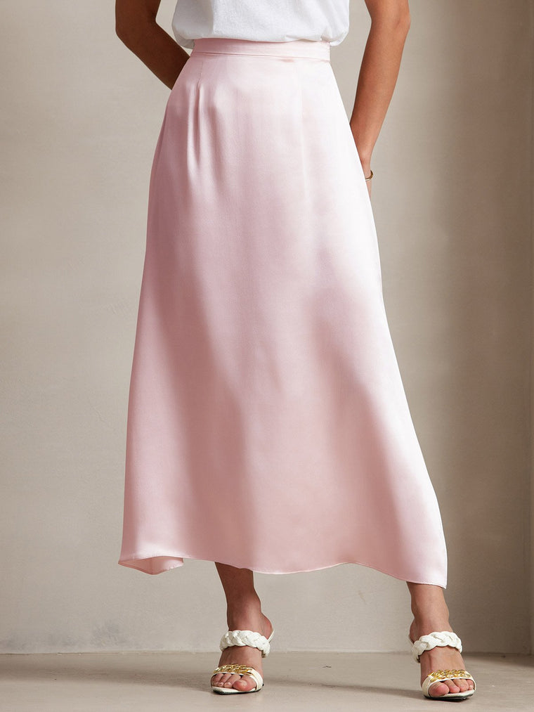 Light pink 19 Momme mulberry silk A-line maxi skirt with zipper design.