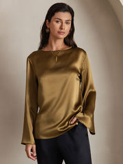Women's 19 Momme mulberry silk bell sleeve boat neck top in olive green.