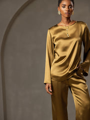 Women's 19Momme mulberry silk bell sleeve boat neck top and pants in golden bronze.