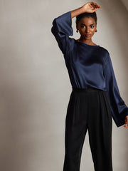 Women's navy mulberry silk bell sleeve boat neck top.