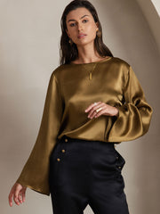 Brown 19Momme mulberry silk bell sleeve boat neck women's top.