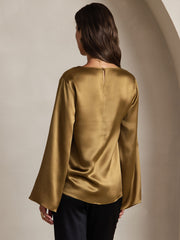 Women's 19Momme mulberry silk bell sleeve boat neck top in olive green.