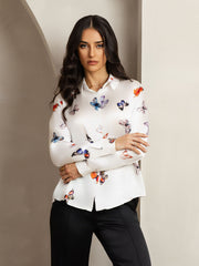 White 19Momme mulberry silk butterfly print long sleeve lapel collar women's shirt.