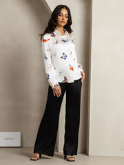 Women's white 19 Momme mulberry silk butterfly print long sleeve lapel collar shirt.