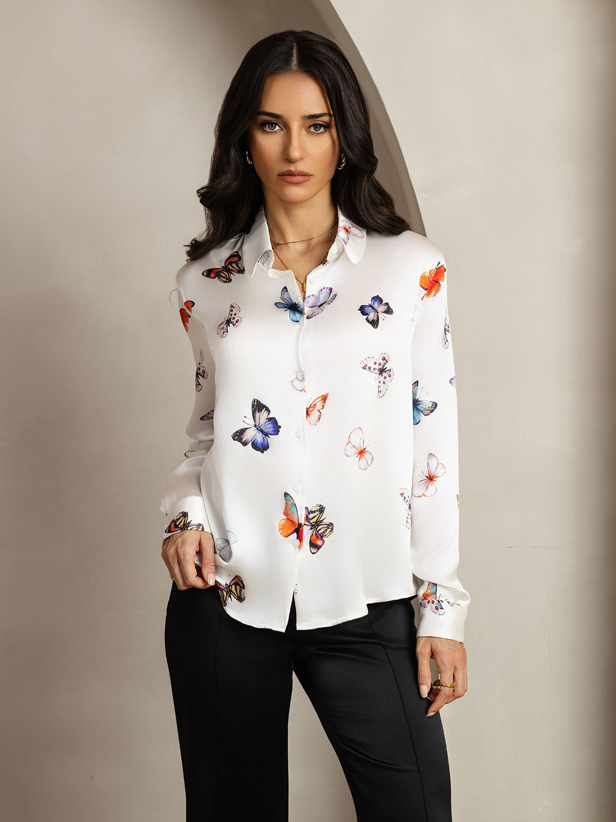 White 19Momme mulberry silk butterfly print long sleeve women's shirt with lapel collar.
