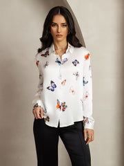 White 19Momme mulberry silk butterfly print long sleeve women's shirt with lapel collar.