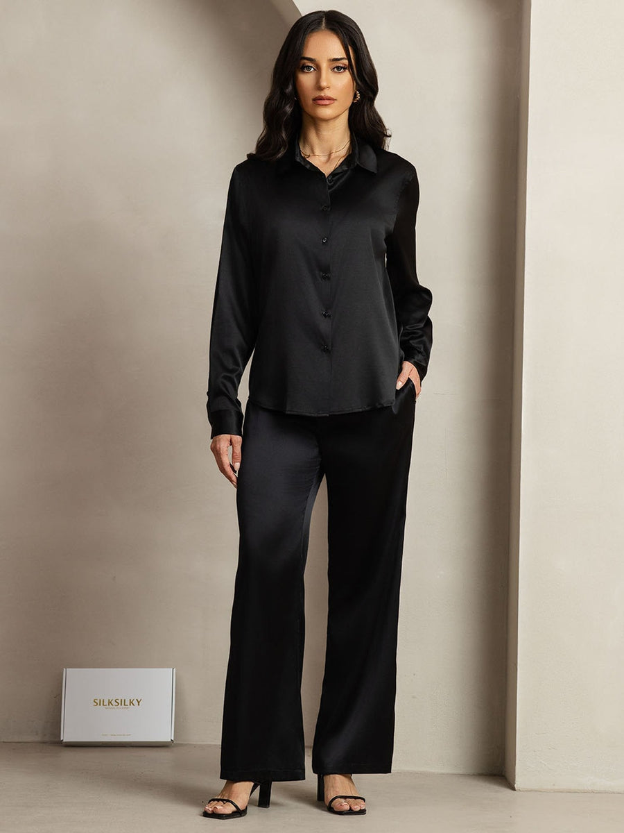 Black 19Momme mulberry silk button-up shirt and wide-leg pants set for women.